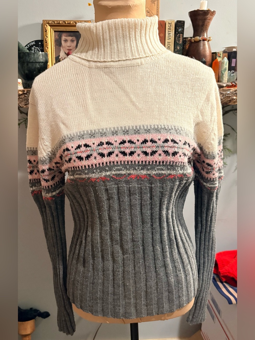 It's Our Time Cream, Gray & Pink Fair Isle Turtleneck Sweater